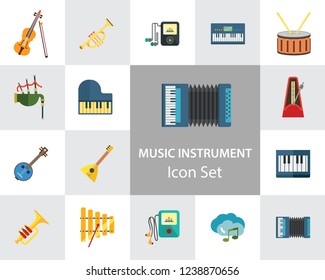 Music Instrument Icon Set. Drum And Drumsticks Balalaika Banjo Instrument Classic Accordion Violin And Bow Trumpet Xylophone Grand Piano Scottish Bagpipe Synthesizer Acoustic Speakers