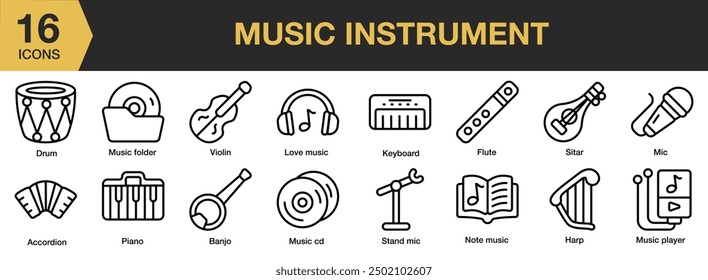 Conjunto de iconos de instrumentos de música. Incluye acorde, banjo, tambor, flauta, arpa, cd de música, y más. Colección de Vector de iconos de contorno.