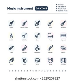 Music Instrument Icon Set – Line Icons with Editable Stroke, 32x32 Pixel Perfect Vector