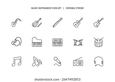 Music instrument icon set, microphone, headset, guitar, piano, violin, drums for music festival or relax hobbies. Pop, Rock or classical sound outline icons in minimal style.