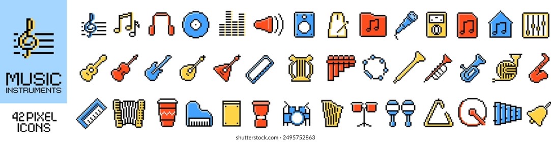 Music instrument icon. Music instrument icon set. Pixel style.