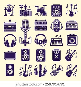 music, instrument, icon, vector, concert, graphic, notes, logo, band, festival, trumpet, retro, background, design, isolated, illustration, party, white, education, sign, guitar, set, piano, 