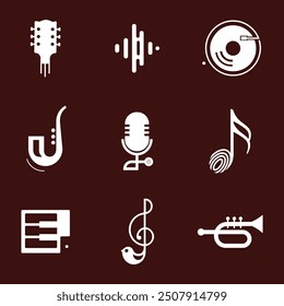 music, instrument, icon, vector, concert, graphic, notes, logo, band, festival, trumpet, retro, background, design, isolated, illustration, party, white, education, sign, guitar, set, piano, 