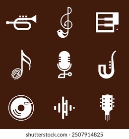 music, instrument, icon, vector, concert, graphic, notes, logo, band, festival, trumpet, retro, background, design, isolated, illustration, party, white, education, sign, guitar, set, piano, 