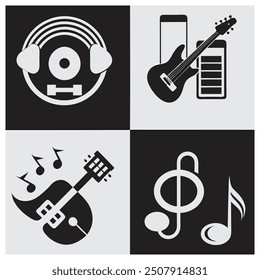 music, instrument, icon, vector, concert, graphic, notes, logo, band, festival, trumpet, retro, background, design, isolated, illustration, party, white, education, sign, guitar, set, piano, 