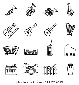 Music instrument icons set with white background. Thin Line Style stock vector.