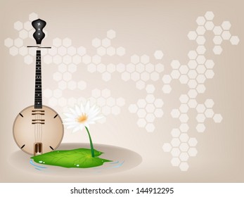 Music Instrument, An Illustration of Banjo or Dan Nguyet and White Water Lily or Lotus Flower on Beautiful Vintage Brown Stage Background with Copy Space for Text Decorated  