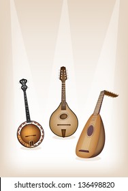 Instrumento musical, Ilustración de una bella cadena de instrumentos musicales antiguos, mandolina azul, banjo y lute en un bello escenario marrón vintage con espacio para texto decorado