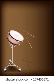 Music Instrument, An Illustration of A Beautiful Retro Style Classical Snare Drum on Stand with Drumsticks on Beautiful Vintage Dark Brown Background with Copy Space for Text  