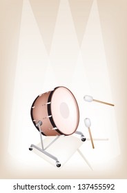 Music Instrument, An Illustration of A Beautiful Retro Style Classical Bass Drum on Vintage Brown Stage Background with Copy Space for Text Decorated  