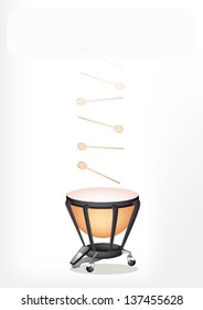 Music Instrument, An Illustration of A Beautiful Retro Style Classical Timpani or Kettle Drum with Many Drumsticks on White Background 