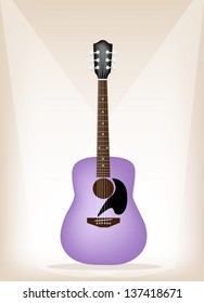 Music Instrument, An Illustration of A Beautiful Violet Guitar on Vintage Brown Stage Background with Copy Space for Text Decorated  