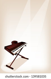 Music Instrument, An Illustration Brown Color of Digital Midi Keyboard or Synthesizer on Vintage Brown Stage Background with Copy Space for Text Decorated 