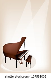 Music Instrument, An Illustration Brown Color of Vintage Grand Piano on Brown Stage Background with Copy Space for Text Decorated 