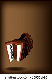 Music Instrument, An Illustration Brown Color of Vintage Accordion on Beautiful Dark Brown Background with Copy Space for Text Decorated  