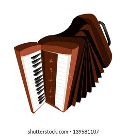 Music Instrument, An Illustration Brown Color of Vintage Accordion Isolated on White Background 