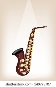 Music Instrument, An Illustration Brown Color of Golden Vintage Alto Saxophone on Brown Stage Background with Copy Space for Text Decorated 