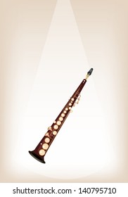 Music Instrument, An Illustration Brown Color of Golden Vintage Soprano Saxophone on Brown Stage Background with Copy Space for Text Decorated 