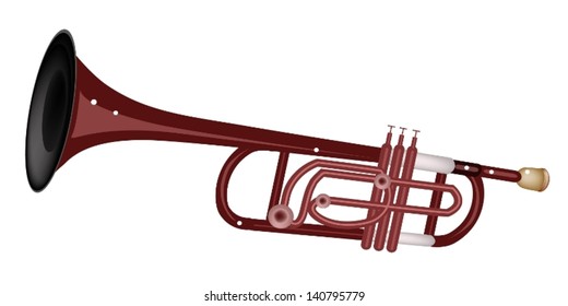 Music Instrument, An Illustration Brown Color of Vintage Trumpet Isolated on White Background 