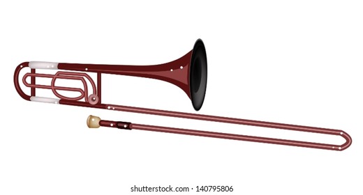 Music Instrument, An Illustration Brown Color of Vintage Trombone Isolated on White Background 