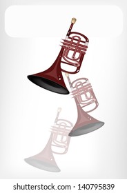 Music Instrument, An Illustration Brown Color of Vintage Cornet with White Label for Copy Space and Text Decorated 
