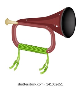 Music Instrument, An Illustration Brown Color of Vintage Antique Brass Bugle Isolated on White Background 