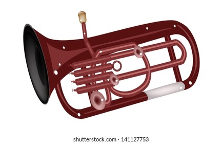 Music Instrument, An Illustration Brown Color of Vintage Antique Brass Tuba or Euphonium Isolated on White Background 
