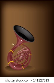 Music Instrument, An Illustration Brown Color of Vintage Sousaphone on Beautiful Dark Brown Background with Copy Space for Text Decorated  