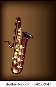 Music Instrument, An Illustration Brown Color of Golden Vintage Bass Saxophone on Dark Brown Background 