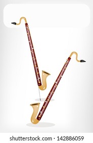 Music Instrument, An Illustration Brown Color of Vintage Bass Clarinet and Alto Clarinet with White Label for Copy Space and Text Decorated 