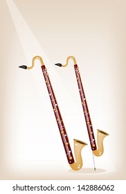 Music Instrument, An Illustration Brown Color of Vintage Bass Clarinet and Alto Clarinet on Brown Stage Background with Copy Space for Text Decorated 