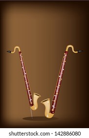 Music Instrument, An Illustration Brown Color of Vintage Bass Clarinet and Alto Clarinet on Beautiful Dark Brown Background with Copy Space for Text Decorated  