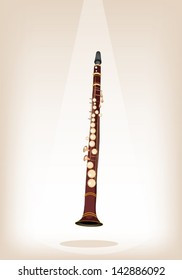 Music Instrument, An Illustration Brown Color of Vintage Clarinet on Brown Stage Background with Copy Space for Text Decorated 