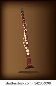 Music Instrument, An Illustration Brown Color of Vintage Clarinet on Beautiful Dark Brown Background with Copy Space for Text Decorated  