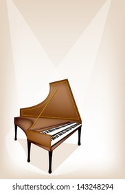 Music Instrument, An Illustration Brown Color of Vintage Harpsichord on Brown Stage Background with Copy Space for Text Decorated 