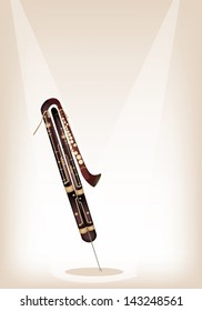 Music Instrument, An Illustration Brown Color of Vintage Classical Contrabassoon on Brown Stage Background with Copy Space for Text Decorated 