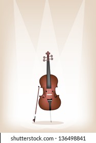 Music Instrument, An Illustration of Cello and Bow on Beautiful Vintage Brown Stage Background with Copy Space for Text Decorated