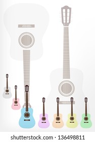 Music Instrument, Illustration Collection Background of Colorful Classical Guitar in Grey, Pink, Light Blue, Purple, Orange, Yellow and Light Green with Copy Space for Text Decorated