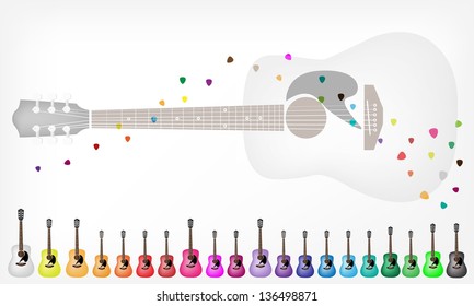 Music Instrument, Illustration Collection Background of Colorful Classical Guitar in Various Colors with Copy Space for Text Decorated