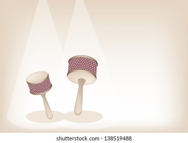 Music Instrument, An Illustration Collection of Beautiful Latin Cabasa or Cabaza on Vintage Brown Stage Background with Copy Space for Text Decorated  