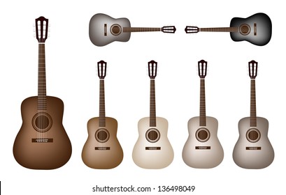 Music Instrument, An Illustration Collection of Classical Guitar in Various Earth Tone Colors and Vintage Style
