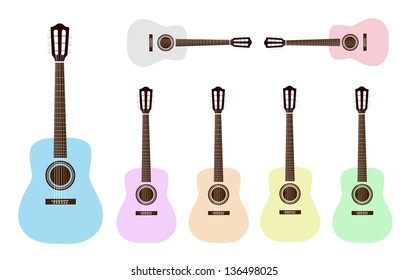 Music Instrument, An Illustration Collection of Colorful Classical Guitar in Grey, Pink, Light Blue, Purple, Orange, Yellow and Light Green
