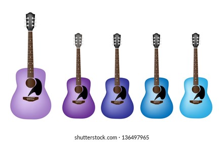 Music Instrument, An Illustration Collection Different Shade of Blue and Purple Acoustic Guitars on White Background