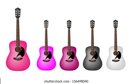 Music Instrument, An Illustration Collection Different Shade of Pink, Purple, Black and White Acoustic Guitars on White Background