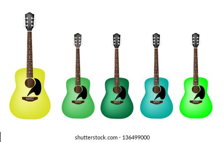 Music Instrument, An Illustration Collection Different Shade of Green Acoustic Guitars on White Background