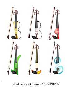 Music Instrument, Illustration Collection of Six Beautiful and Modern Violins on White Background 