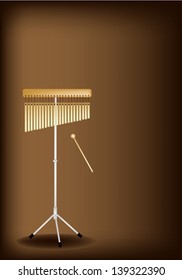 Music Instrument, An Illustration of Golden Bar Chimes and Beater on Beautiful Vintage Dark Brown Background with Copy Space for Text Decorated  