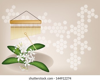 Music Instrument, An Illustration of Golden Bar Chimes and White Common Gardenias or Cape Jasmine Flowers on Vintage Brown Background with Copy Space for Text Decorated 