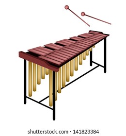 Music Instrument, An Illustration of Marimba on Stand and Two Beater Isolated on White Background 