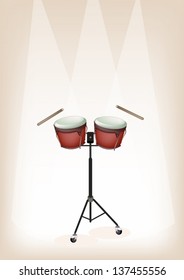 Music Instrument, An Illustration of A Retro Style Classical Bongo Drum on Stand with Drumsticks on Vintage Brown Stage Background with Copy Space for Text Decorated  